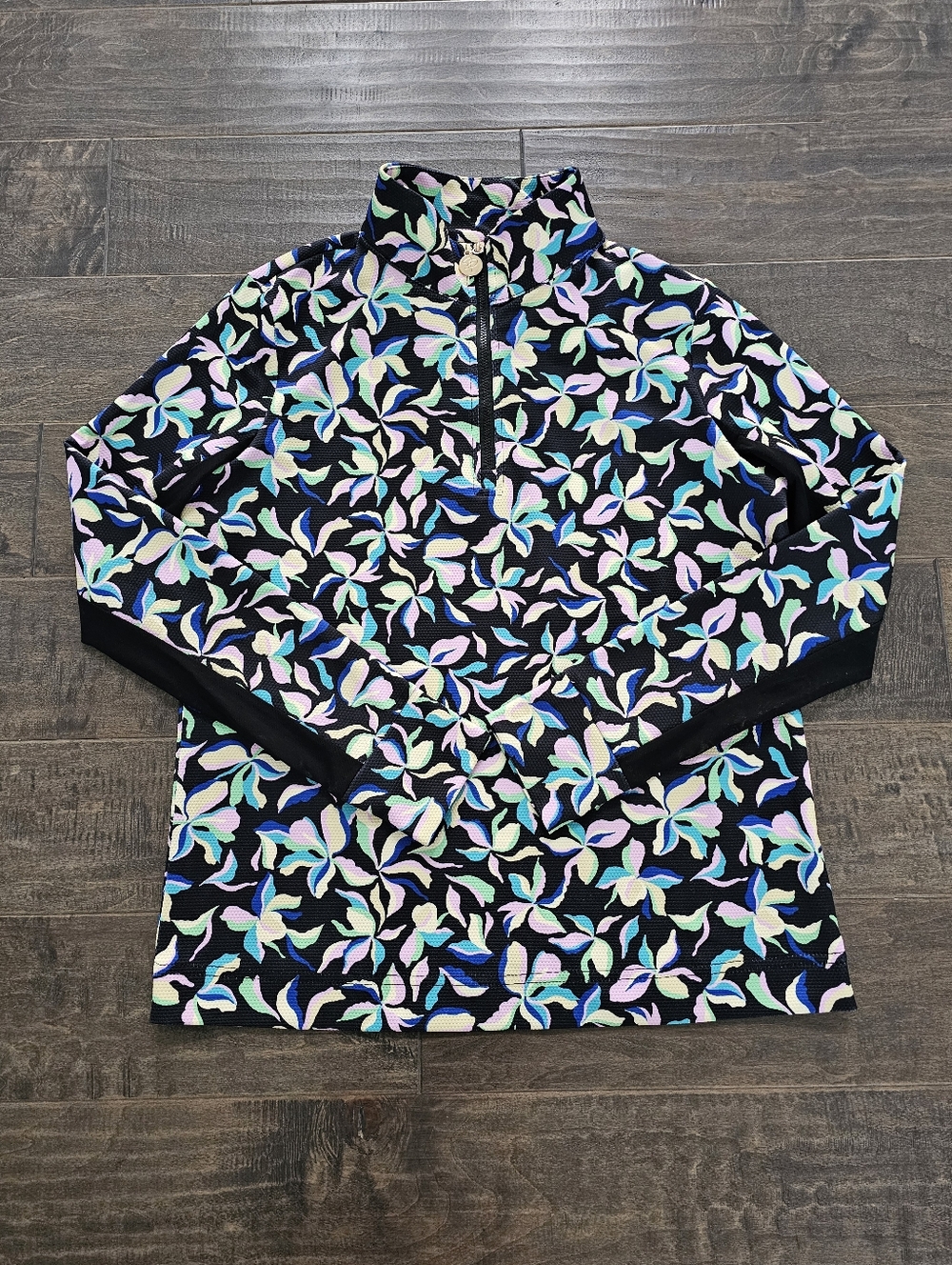 Stella Parker Golf Black & Pastel Floral Quarter-Zip Pullover Sz Small